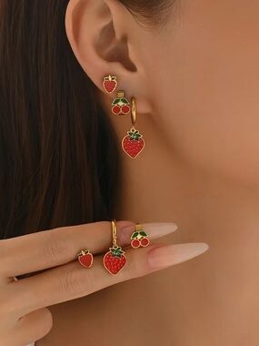 Gold-Tone Red Strawberry & Cherry Charm Earring Set